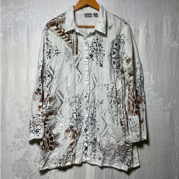 Chico's Tops - Chicos Button Up 3 XL White Black Brown 100% Linen Long Sleeve Tunic Pockets